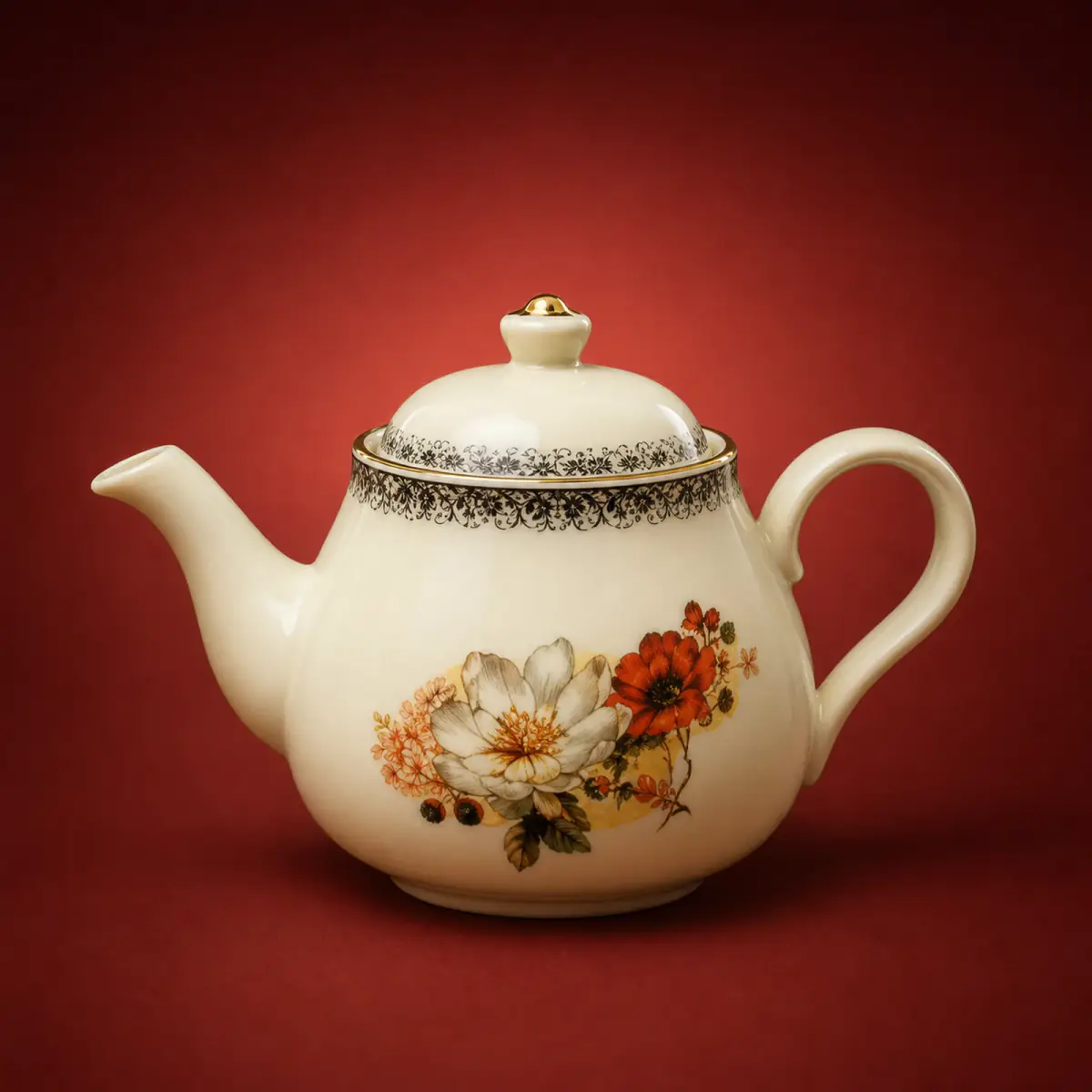 Floral Ceramic Teapot shown on a red studio background