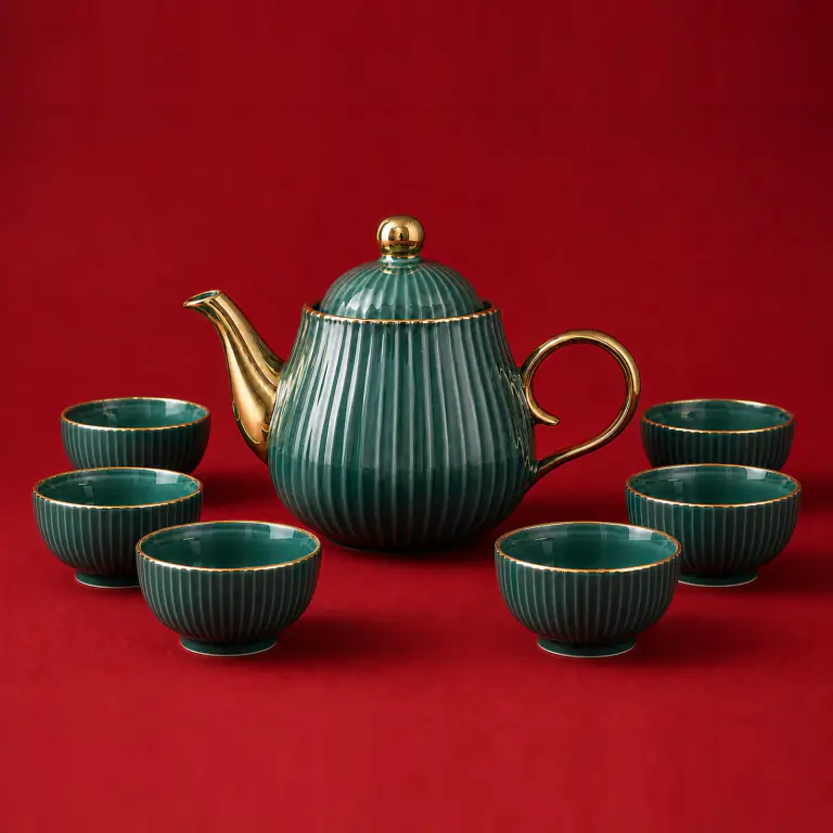 Green Ribbed Tea Set shown on a red studio background