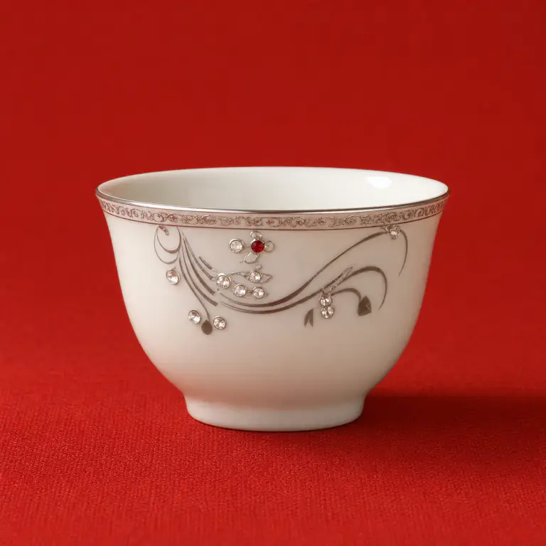 Ivory Beaded Tea Bowl shown on a red studio background