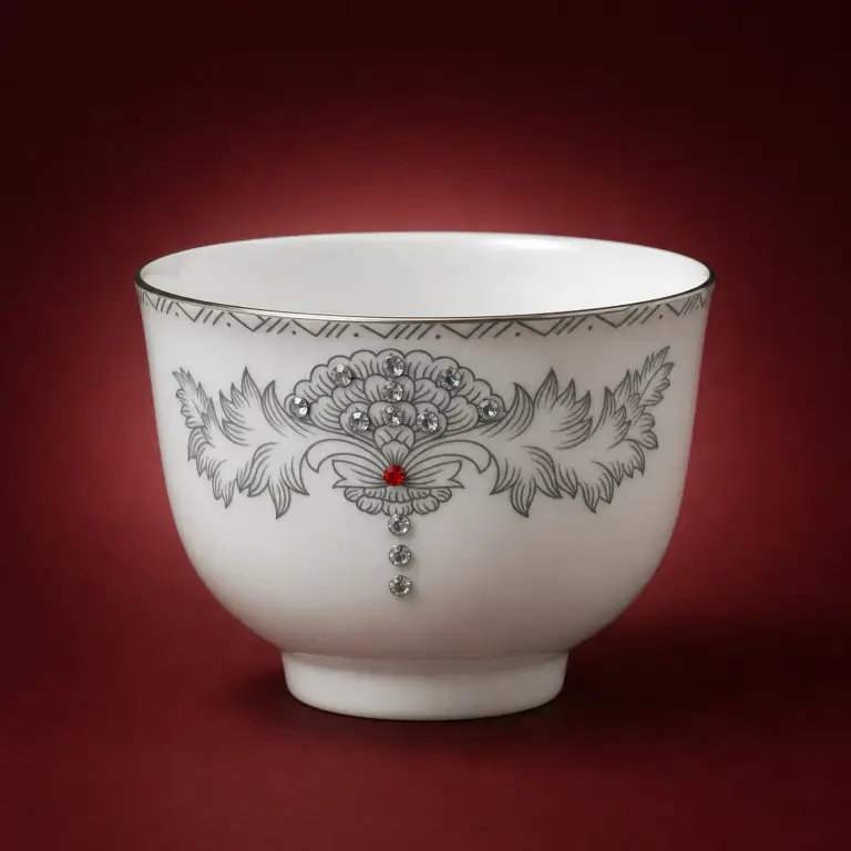 Grey Beaded Tea Bowl shown on a red studio background