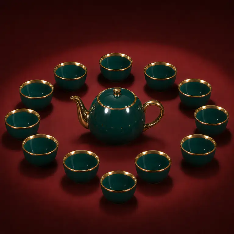 Green Glazed Tea Set shown on a red studio background
