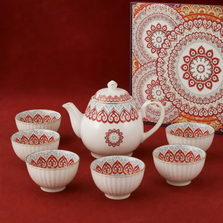 Red Overglaze Color Tea Set shown on a red studio background