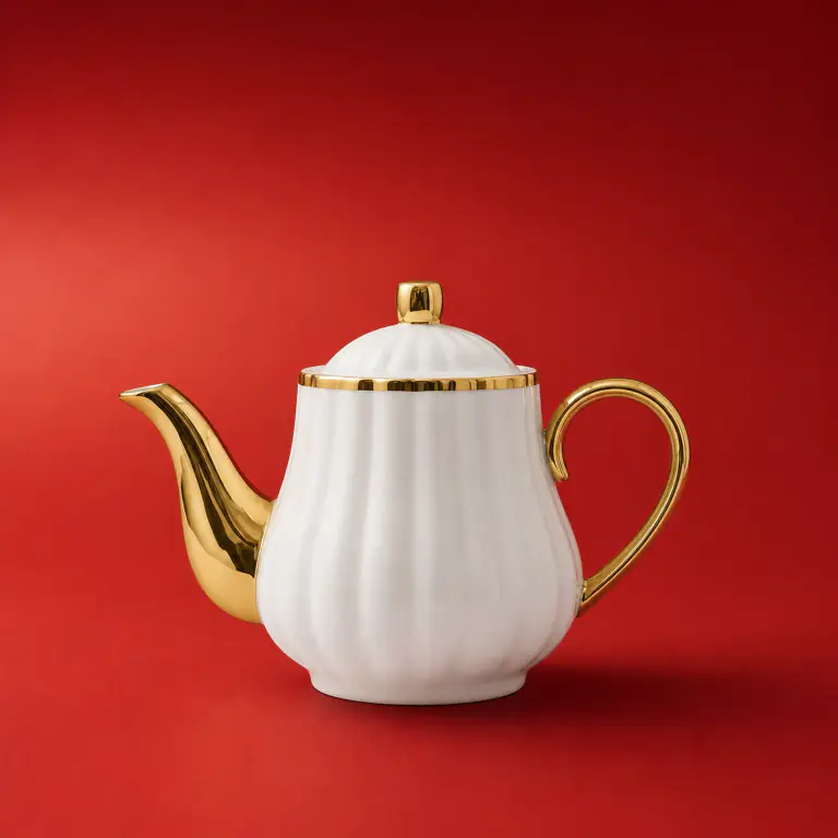 Gold Trim Ceramic Teapot shown on a red studio background