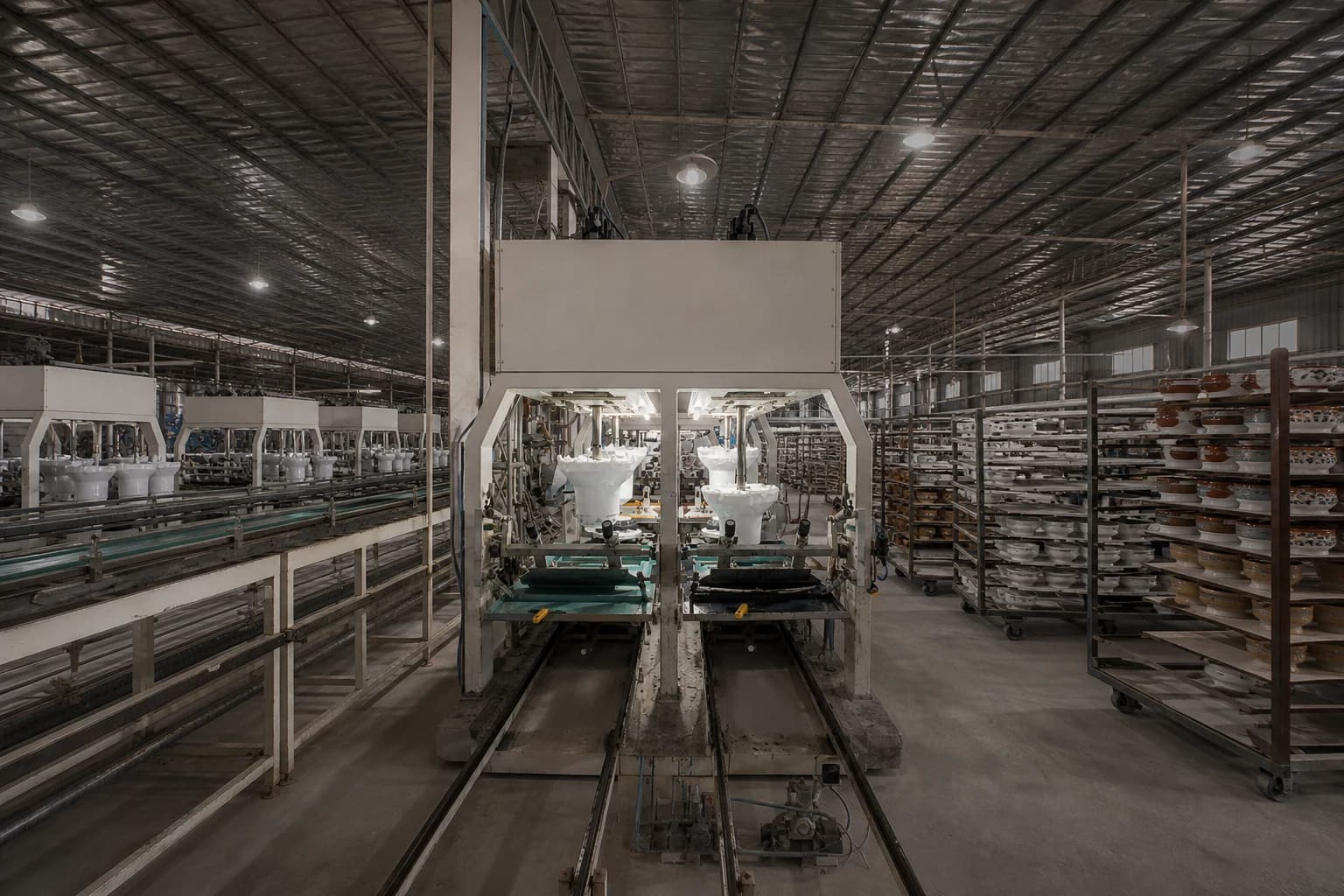 Ceramic production equipment, conveyors and loaded ware carts inside the Tayking factory
