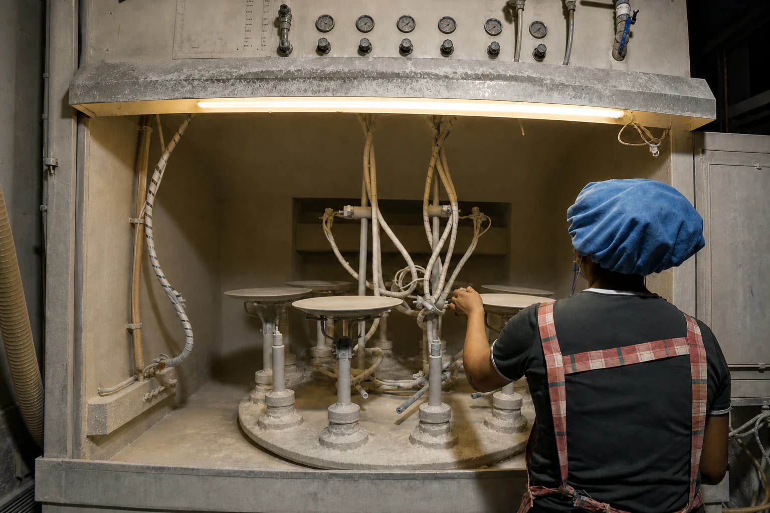 Tayking operator controlling a ceramic surface-finishing workstation