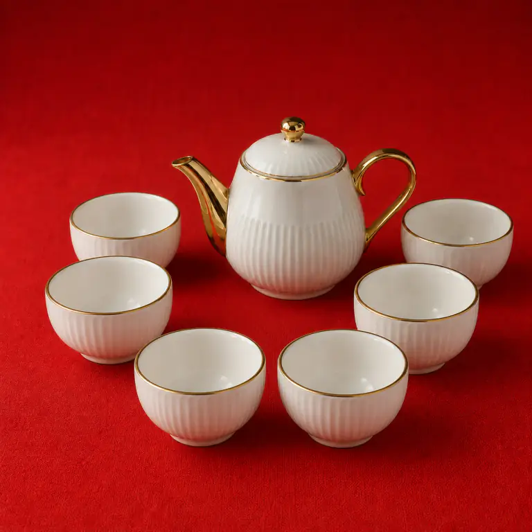 Linear Relief Tea Set shown on a red studio background