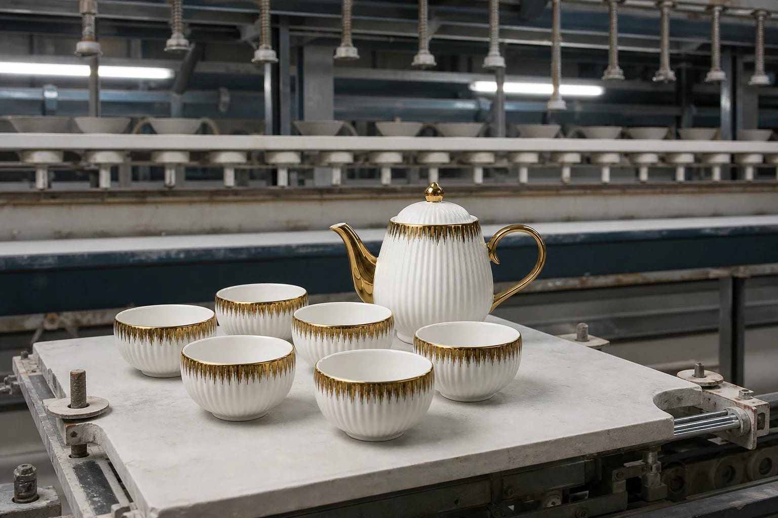 White-and-gold ceramic teaware on a Tayking factory production platform