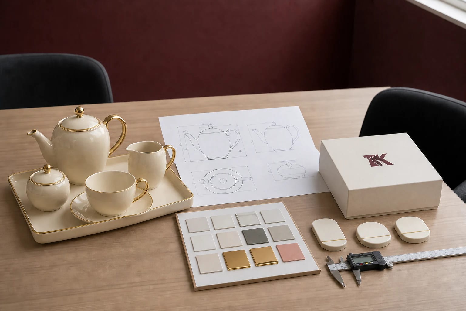 Ceramic tea set, technical drawing, finish samples and measuring tools prepared for project review