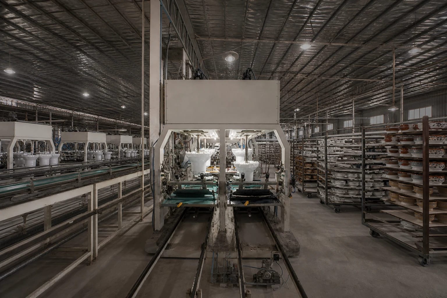Ceramic bowls arranged along a Tayking factory production line
