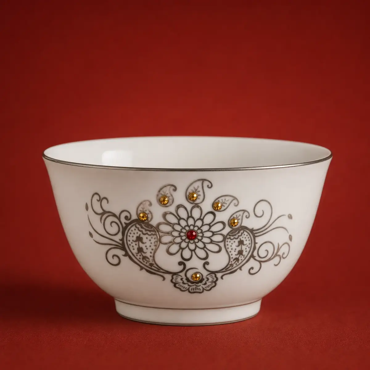 Floral Beaded Tea Bowl shown on a red studio background