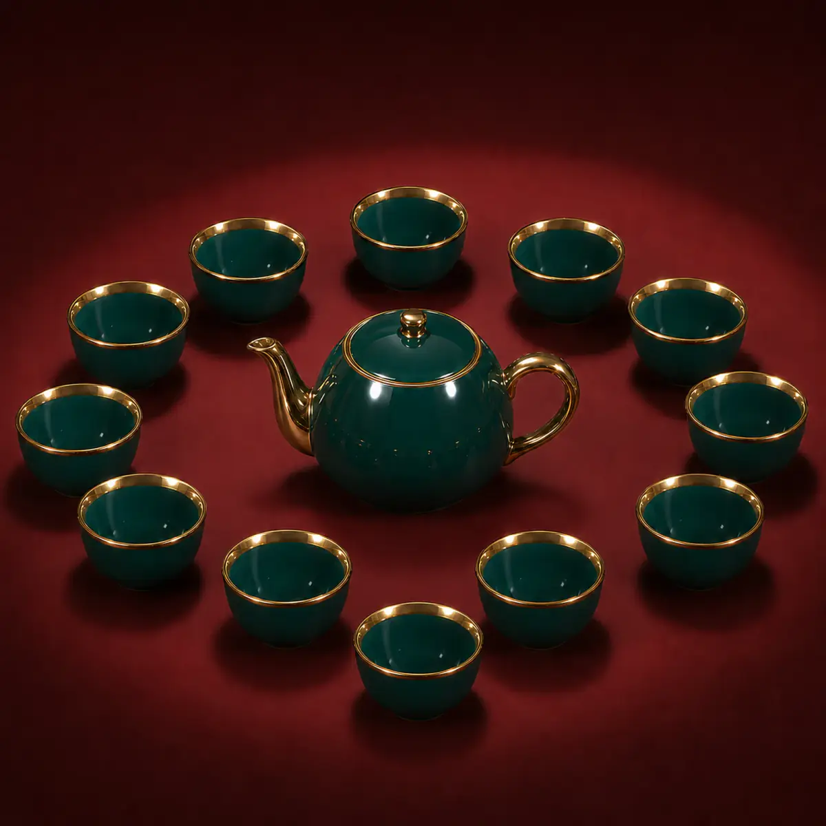Green Glazed Tea Set shown on a red studio background