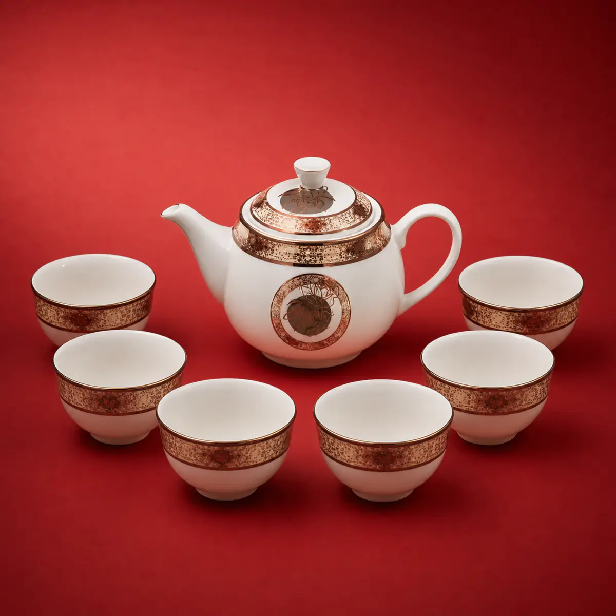 Red Band Tea Set shown on a red studio background