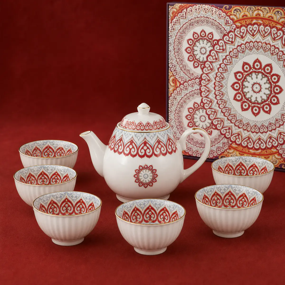Red Overglaze Color Tea Set shown on a red studio background