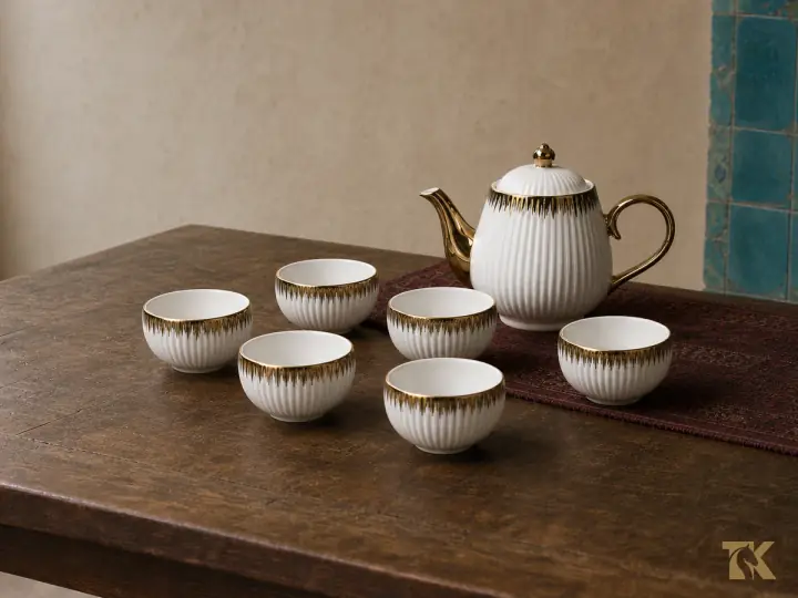 White-and-gold Tayking teapot with six matching tea bowls in a window tea alcove
